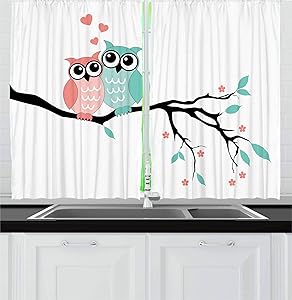 Ambesonne Teal and White Kitchen Curtains, Cute Owl Couple Sitting on Tree Branch Valentines Romance Love, Window Drapes 2 Panel Set for Kitchen Cafe, 55 W X 39 L Inches, Turquoise Coral Black