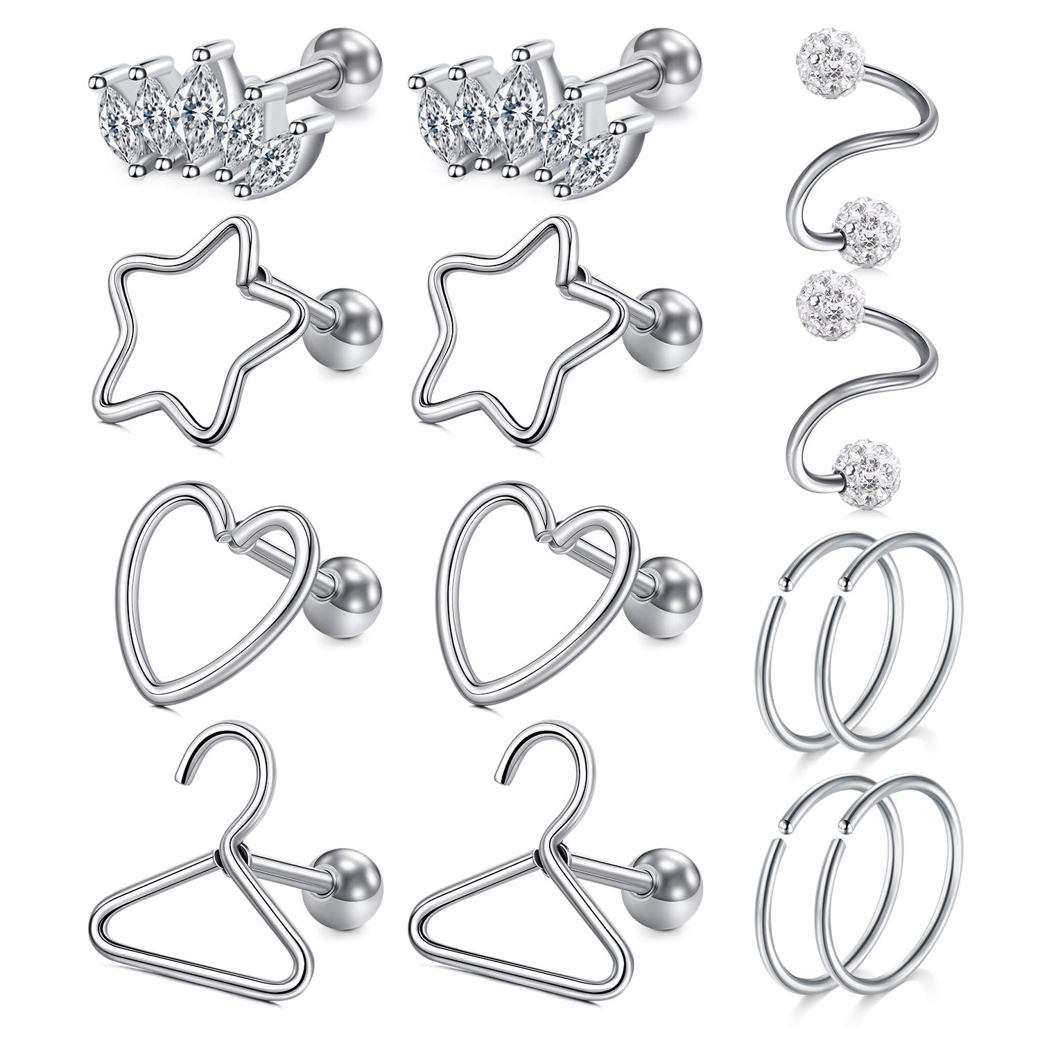 AVYRING 16G Tragus Earrings Stud Stainless Steel Heart Star Cartilage Earrings S twist Nose Lip Rings Helix Fake Nose Ring 14PCS - Silver