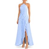 Women's Halter Neck Ruffled Pleated Maxi Dress, Sleeveless Chiffon Asymmetric Hem Cocktail Evening Gown for Wedding Guest