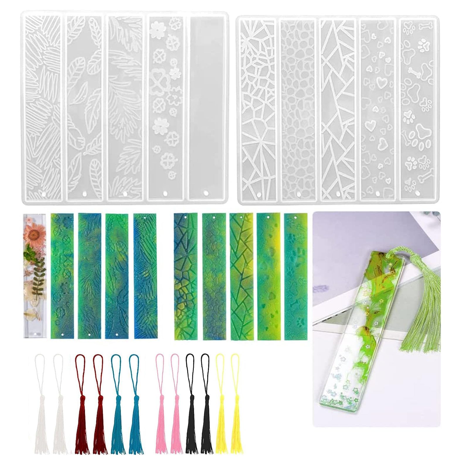 Bookmark Resin Mold with Different Design, Rectangle Silicone Bookmark Epoxy Resin Moulds with Colorful Tassels for Bookmarks Making Jewelry Craft (2PCS:14.8CM*15.8CM)