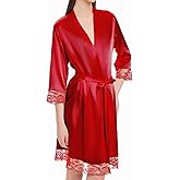 Guriyzee Silk Satin Robes for Women Short Kimono Sexy Lace Trim Satin Bathrobes V Neck 3/4 Sleeve Bride Bathrobe