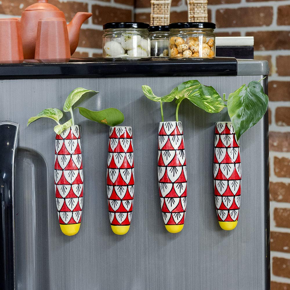 Lazy Gardener Decorative Handpainted Magnetic Planter, Magnetic Pots for Fridge & Indoor Plants, Red & Yellow Magnetic Vase for Fridge Décor (Set of 4)