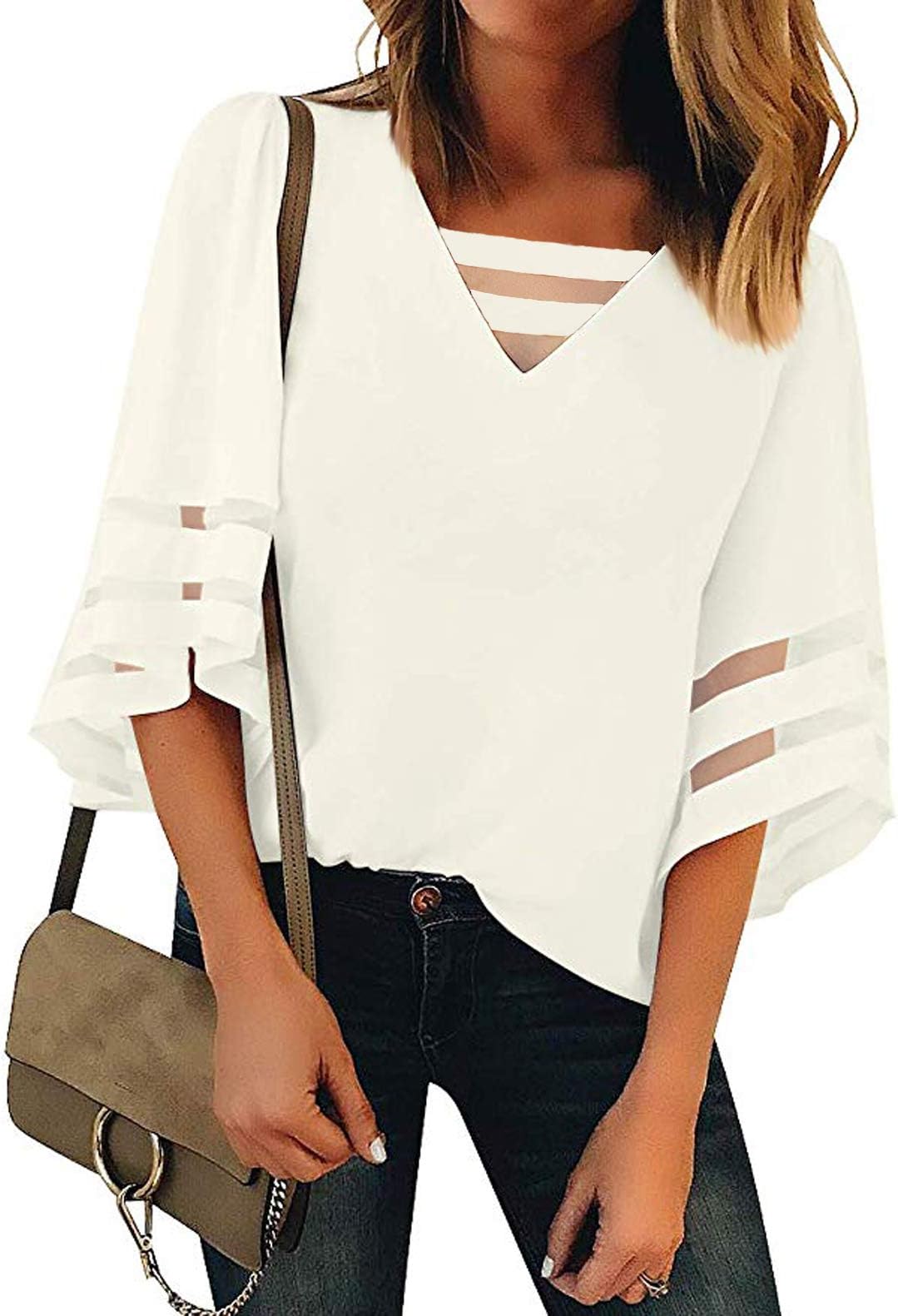 Minclouse Women's 3/4 Bell Sleeve Mesh Blouses Strappy V Neck Loose Shirts Patchwork Tops
