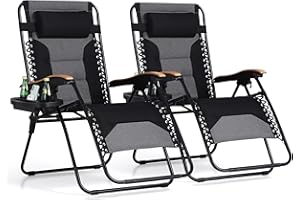 PHI VILLA XXL Oversized Padded Zero Gravity Chair Set of 2, Foldable Patio Recliner, 30" Wide Seat Anti Gravity Lounger with Armrest and Cup Holder, Support 400 LBS (Black)