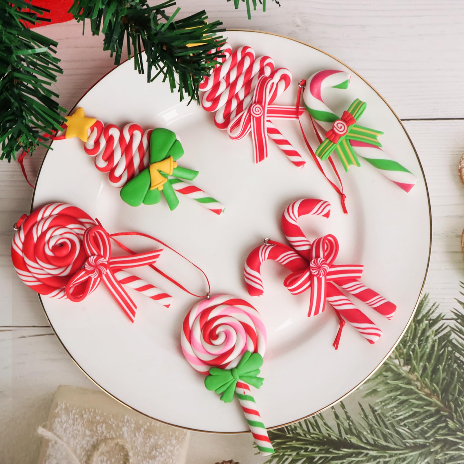 Creaher Christmas Lollipop Ornaments - 6 Pack Hanging Decorations - Polymer Clay - Classic Style - White, Red, Green - Christmas Occasion