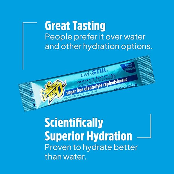 SQWINCHER ZERO QWIK STIK, MIXED BERRY, SUGAR FREE, LOW CALORIE, LOW SODIUM ELECTROLYTE POWDER HYDRATION DRINK MIX, .11 0Z PACKET (PACK OF 50)