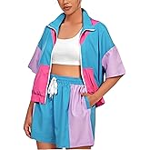 BANGELY 80s 90s Outfits women 2 Piece Tracksuit Party Disco Shirt Vintage Neon Tee Hawaiian Button Down Short Sleeve Tops