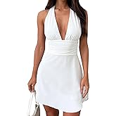 OWIN Women Summer Casual Sexy Halter Deep V Neck Dress Flowy Backless Bow Tie High Waist Beach Sundress Club Mini Dress