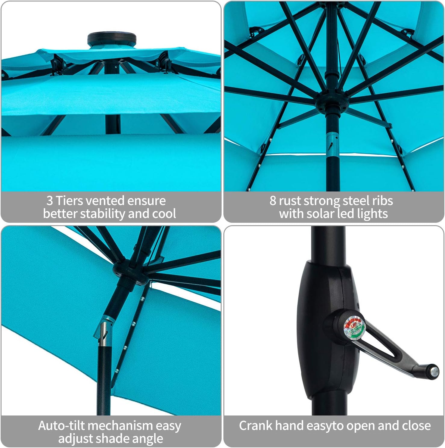 Blue Klismos 10ft 3 Tiers Patio Umbrella With Lights Windproof Outdoor Market Umbrella Large Waterproof Table Umbrella With Tilt And Crank Patio Lawn Garden Umbrellas