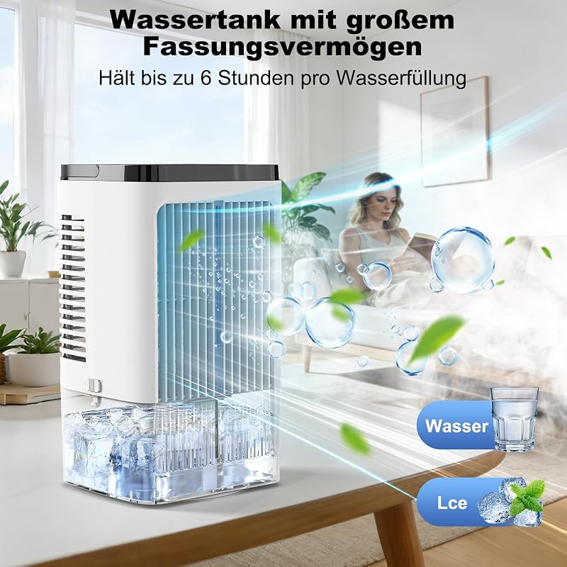 Klimaanlage Mobil, Mini Luftkühler, mit 2 Sprühstufen & 4 Geschwindigkeitsstufen, 1200ml Wassertank, 7 Farben Nachtlicht, 1-8 Stunden Timer, für Schlafzimmer und Büro (Cremeweiß) — Foto 3 von 7