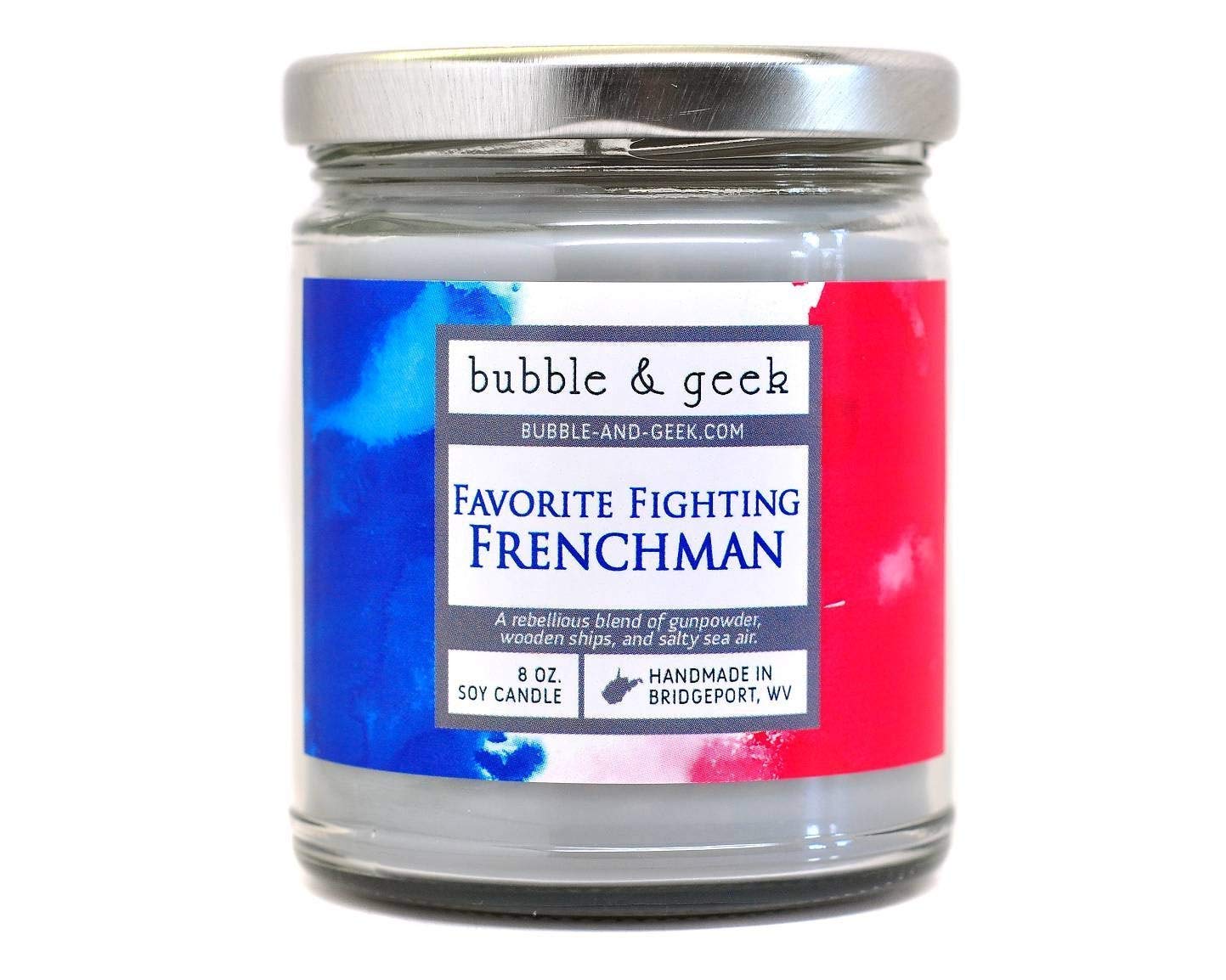 Favorite Fighting Frenchman scented soy candle - 8 oz. jar - gunpowder, wood, sea