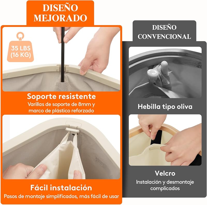 Cesto da roupa suja, cesto dobrável com saco e pega removíveis, balde de roupa com tampa, cesto de roupa para quarto, casa de banho, lavandaria, quarto, 55 L, bege