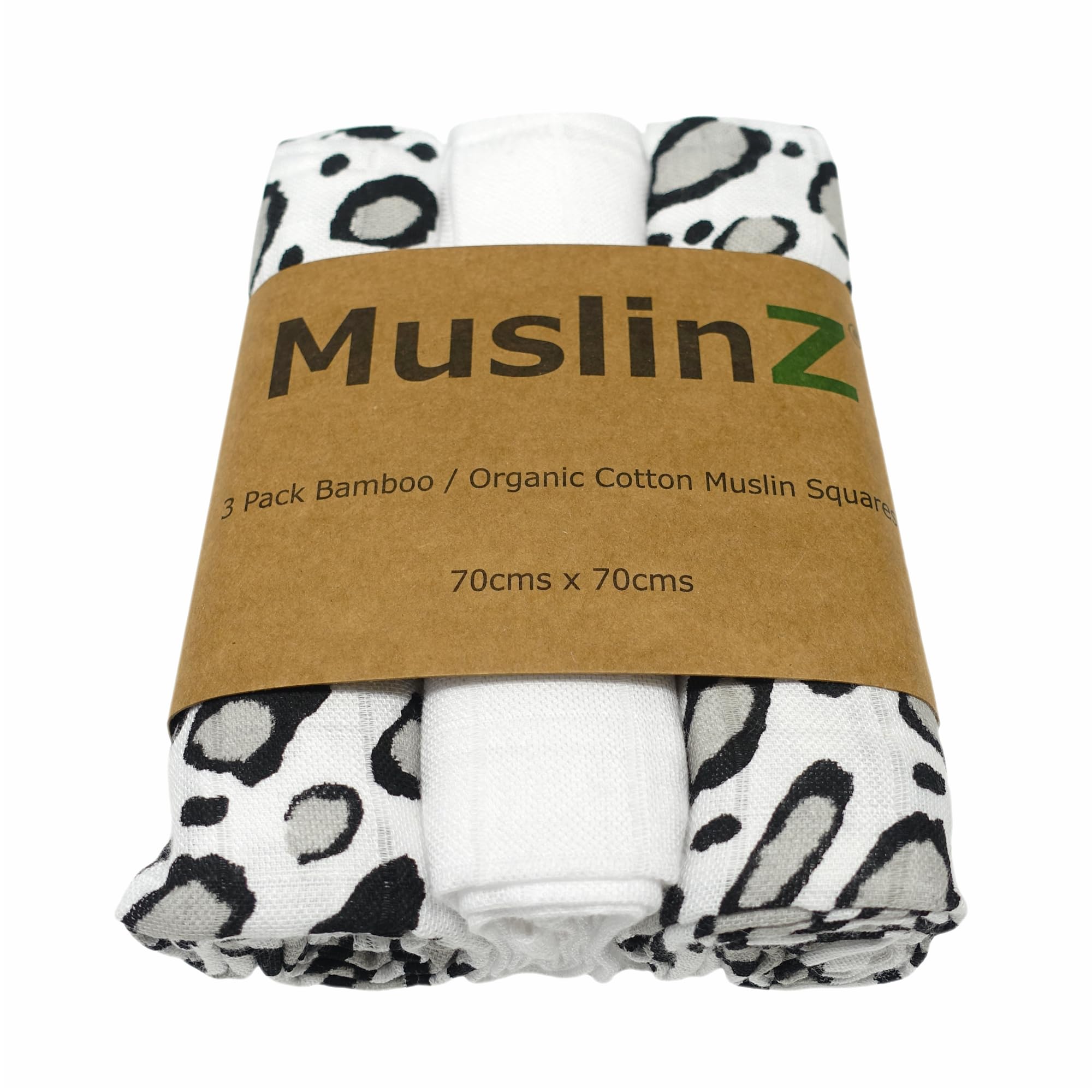MuslinZ Newborn Sensory Muslin squares in Black and White for Visual Stimulation and Sensory Play. Baby Muslin Bamboo/Organic Cotton mix. (Leopard, 70x70cms)