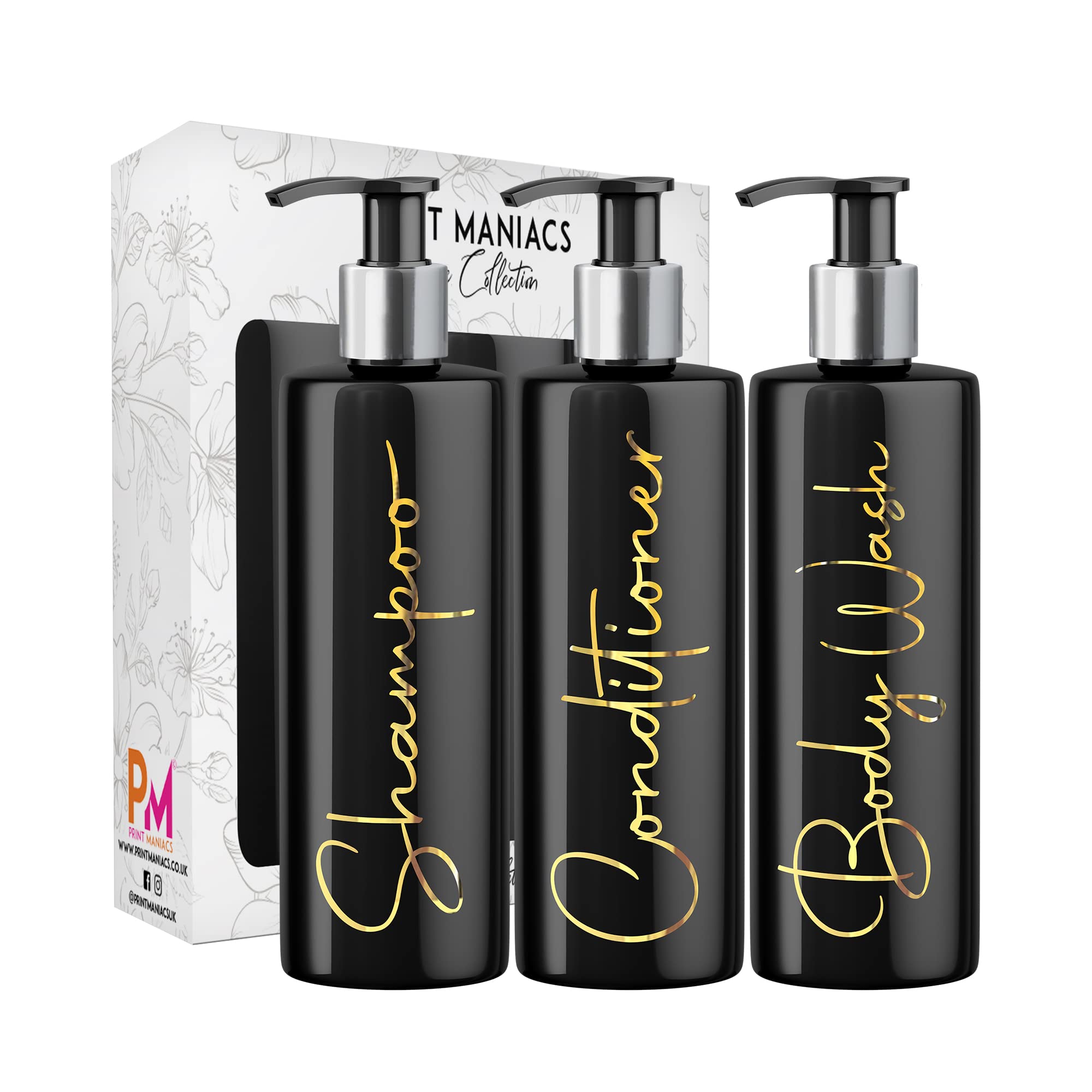 Print Maniacs Mrs Hinch Inspired Black Personalised Dispenser Silver Pump Bottles Set 3 (GOLD, F2)