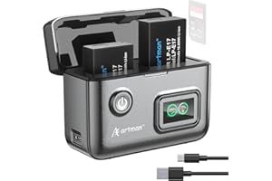 Artman LP-E17 Battery 1400mAh (2-Pack) and 1.5H 2-Slot LCD USB-C Fast Charger for Canon EOS R100 R50 RP R10 R8, Rebel T8i T7i