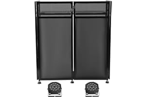 JAJADAH Portable DJ Event Facade, Black Scrim Metal Frame Booth, Flat Table Top w/Travel Bag for Outdoor/Indoor Backyard Party (83" x 44" Booth + 2Pcs Lights)