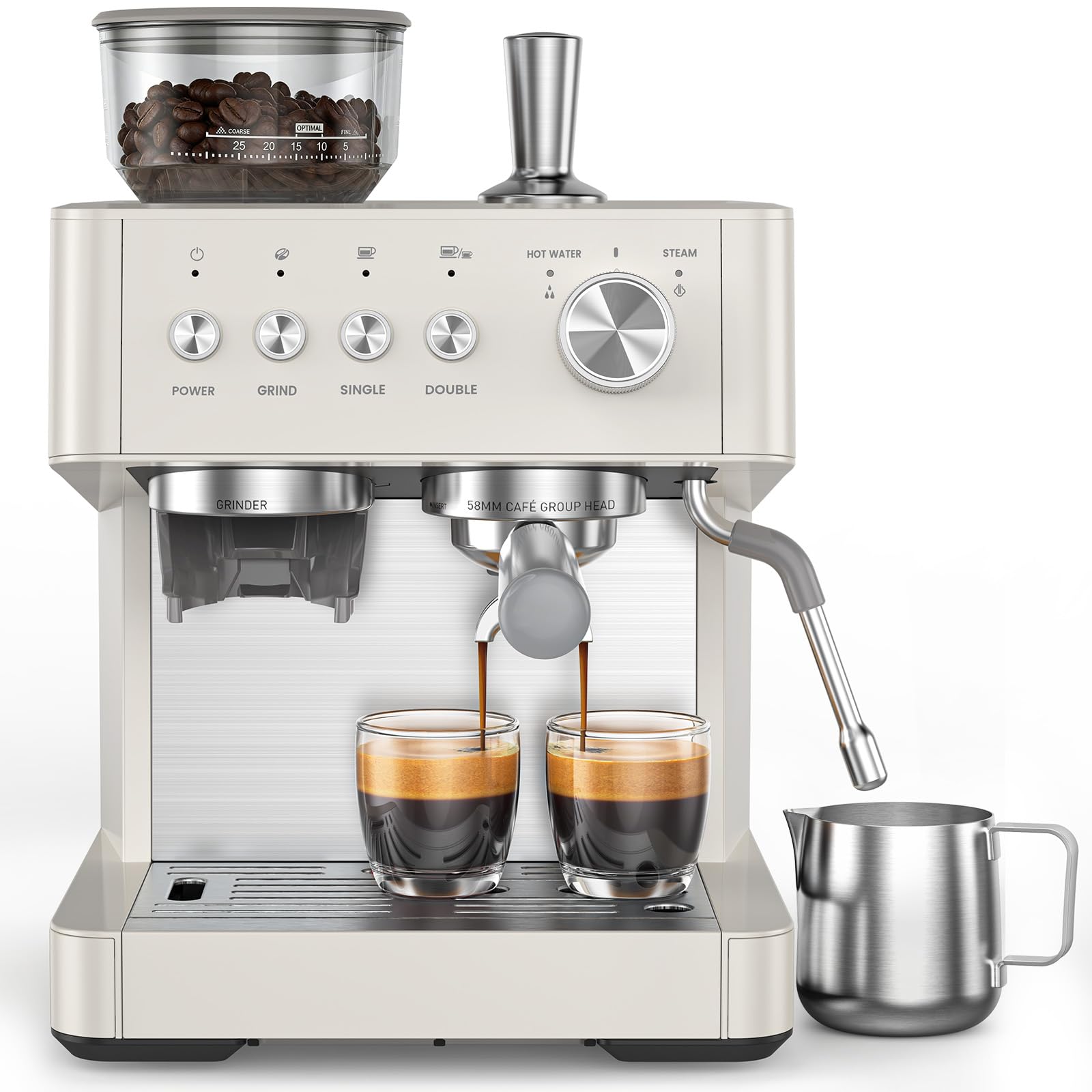 Photo 1 of (2026 Upgrade) 20 Bar Espresso Machine with Built-in Anti-Clog Coffee Grinder, Expresso Coffee Machines with Milk Steam Wand/Frother/Tamping Tools,Espresso Maker with Grinder for Lattes-White