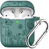 Lerobo for AirPod Case 2nd/1st Generation with Keychain for Women Girl | Flower Engraved Silicone Protective Cover for AirPods 2 Case, Wireless Charging, Shockproof, One-piece Design, Pine Green