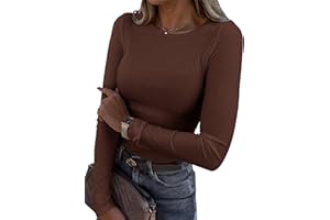 Roselux Womens Long Sleeve Stretch Crewneck Ribbed T-Shirt Fitted Casual Basic Tops