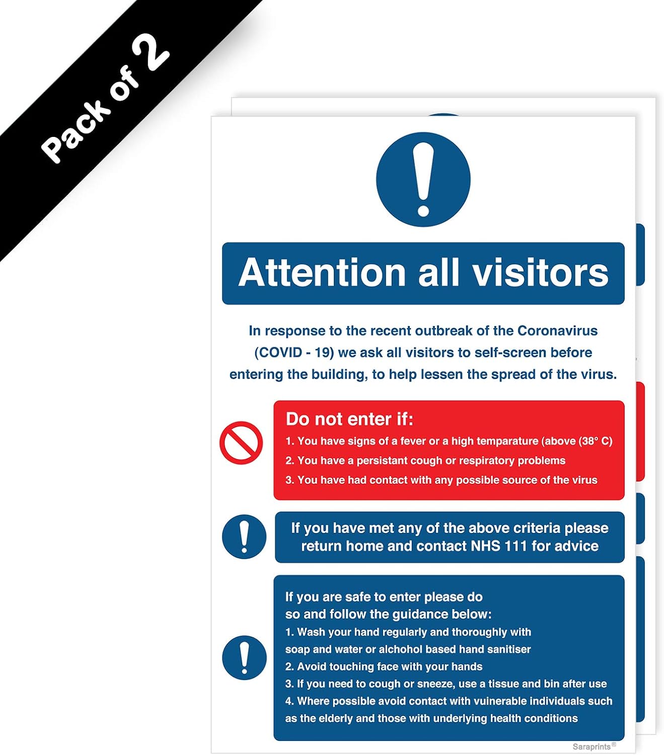 Pack of 2 Covid 19 Signage Attention All Visitors Self Adhesive Waterproof 200mm x 300mm V1196, blue|red|grey|green, 200 x 300 mm - Image 3