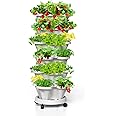 Tectsia Strawberry Vertical Planters, 6 Tiered Stacking Tower Garden, Stackable Herb Vegetable Planters with Movable Casters and Bottom Saucer Indoor and Outdoor - White