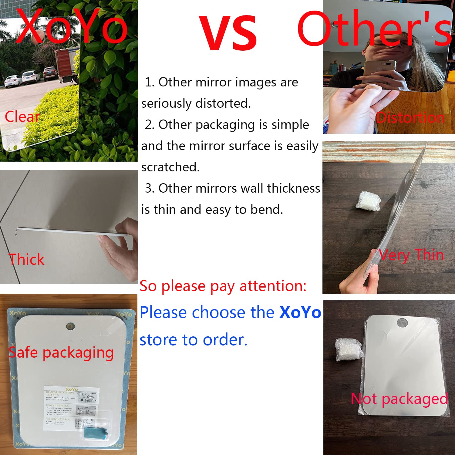XoYo-Large Fogless Shower Mirror （11inX7.48in）, Includes 1 Adhesive Hooks, Anit-Fog Shower Mirror, Shower Makeup Shave Mirror, Frameless Shower Mirror, Wall Hanging Mirror (Large, 1 Pack)