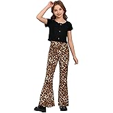 WDIRARA Girl's 2 Piece Button Front Tee and Leopard Print Flare Leg Pants Set