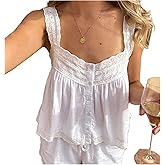 Women Y2K Lace Trim Tank Top Sleeveless Solid Color Tie Up Button Front Crop Top Summer Streetwear Going Out Shirt