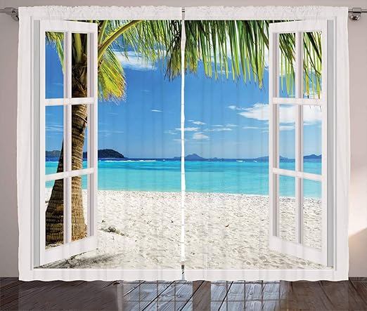 Amazon Com Ambesonne Turquoise Curtains Tropical Palm Trees On