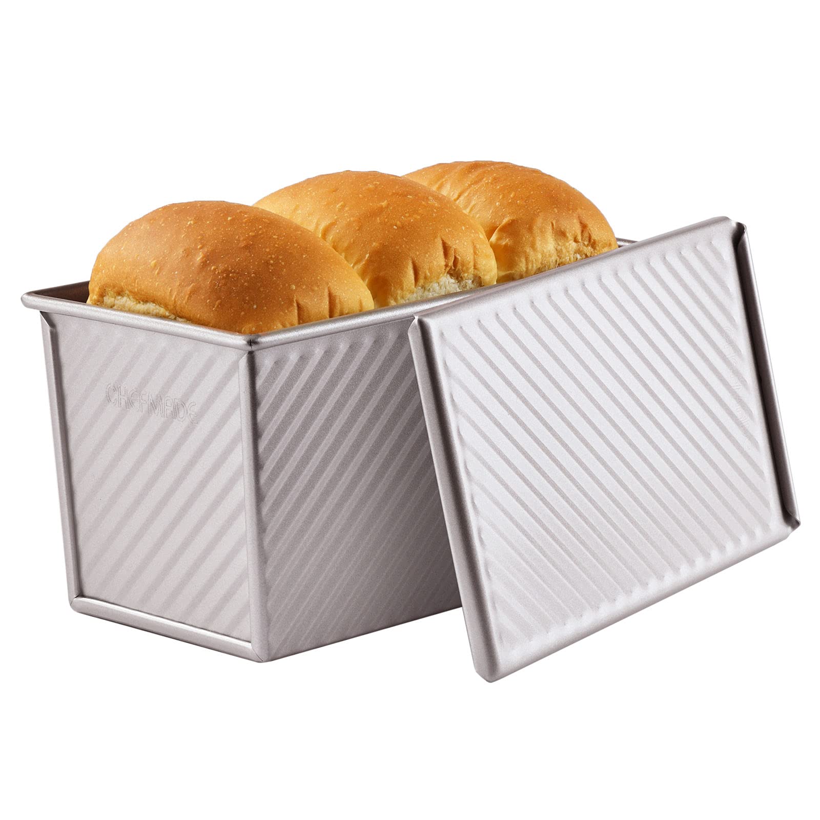 CHEFMADE Pullman Loaf Pan with Lip, 0.99Lb Dough Capacity Non-Stick Rectangle Corrugated Toast Box for Oven Baking 4.2" x 7.7"x 4.4" (Champagne Gold)