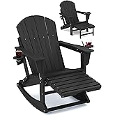 KINGYES Adirondack Rocking Chair with Retractable Ottoman and Cup Holders, HDPE Adirondack Rocker Patio Rocking Chair for Porch, Patio, Balcony, Black