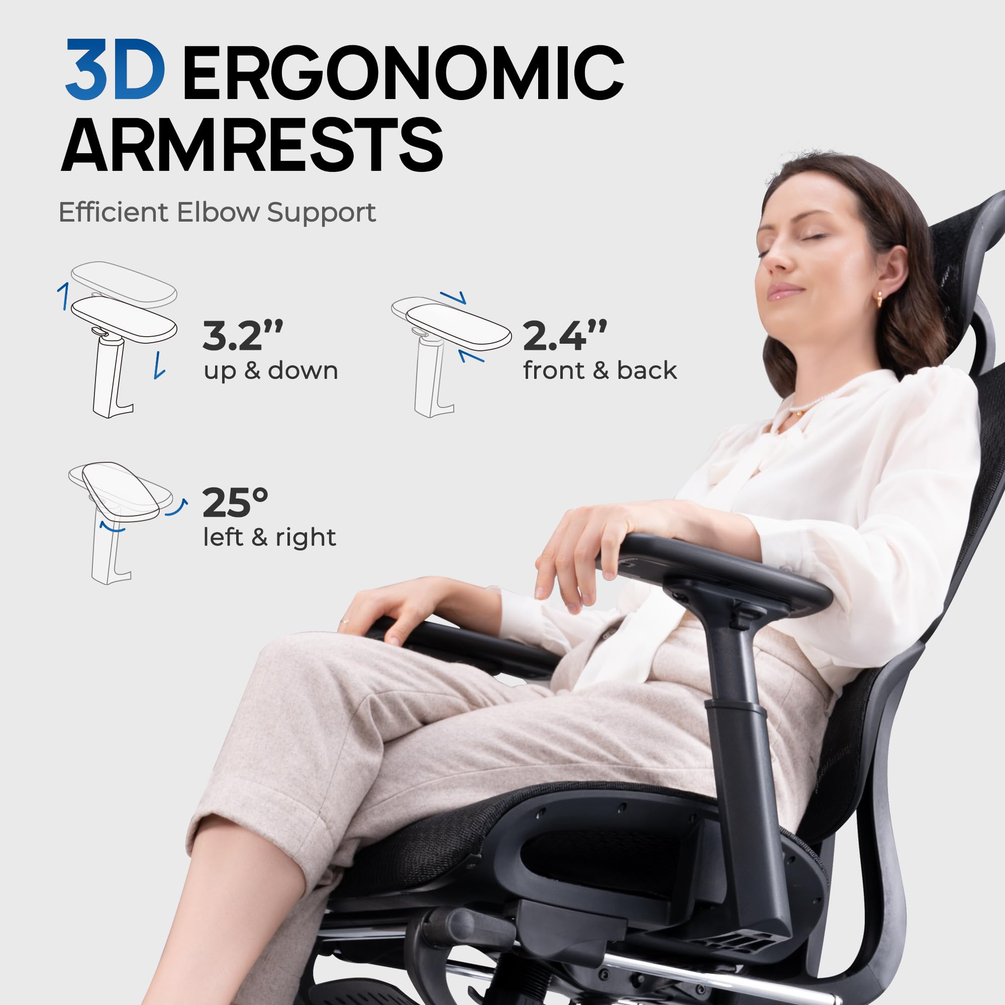 Huuger Mesh Office Chair with Footrest, Ergonomic Desk Chair with Lumbar Support, Comfortable, Multi-tilt Angle Backrest, Headrest and 3D Armrest, Large Steel Base, Black - Image 5