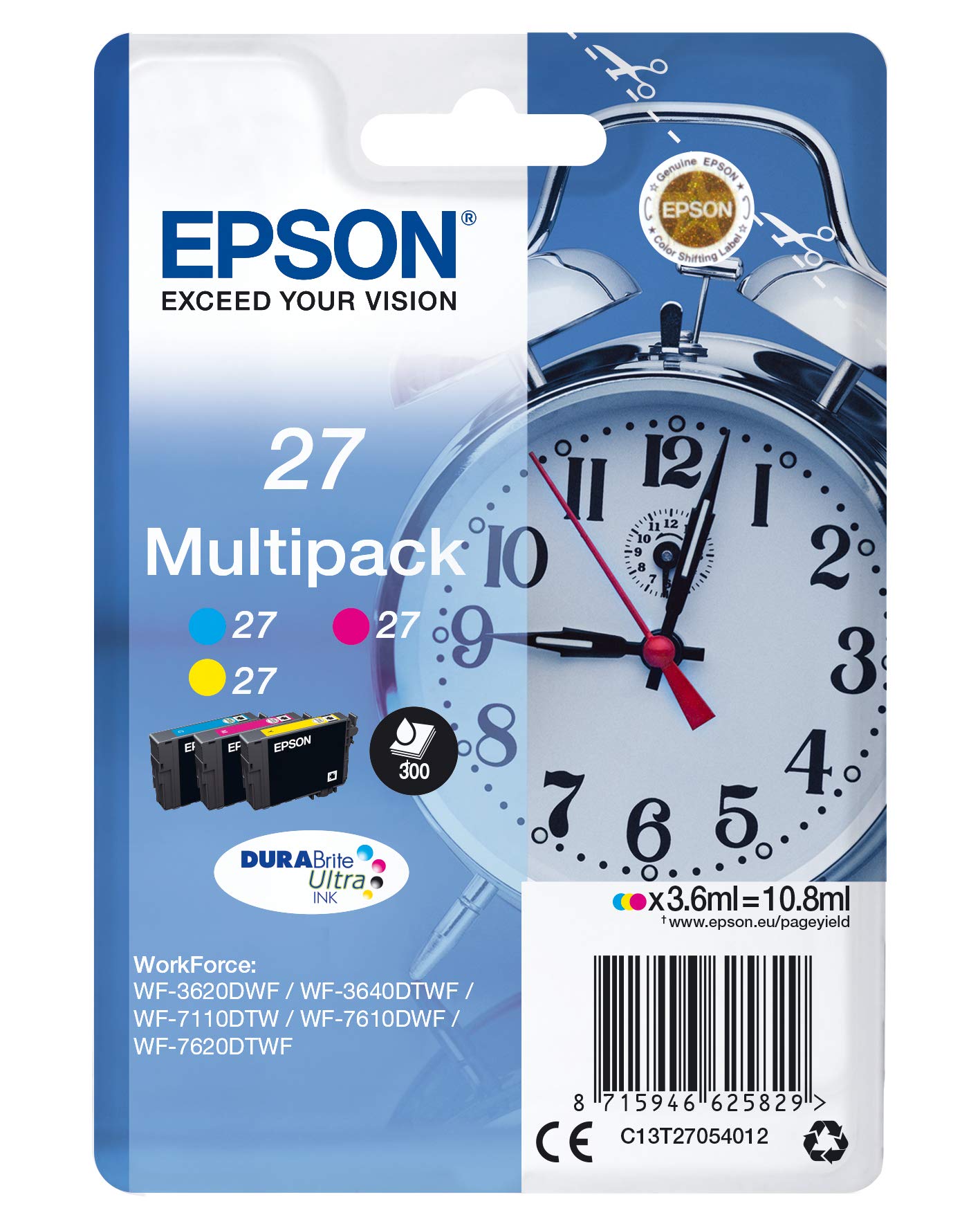 EPSON T270540 3 PACK Alarm Clocks Ink Cartridge for WF-3620DWF Series, Yellow/Magenta/Cyan