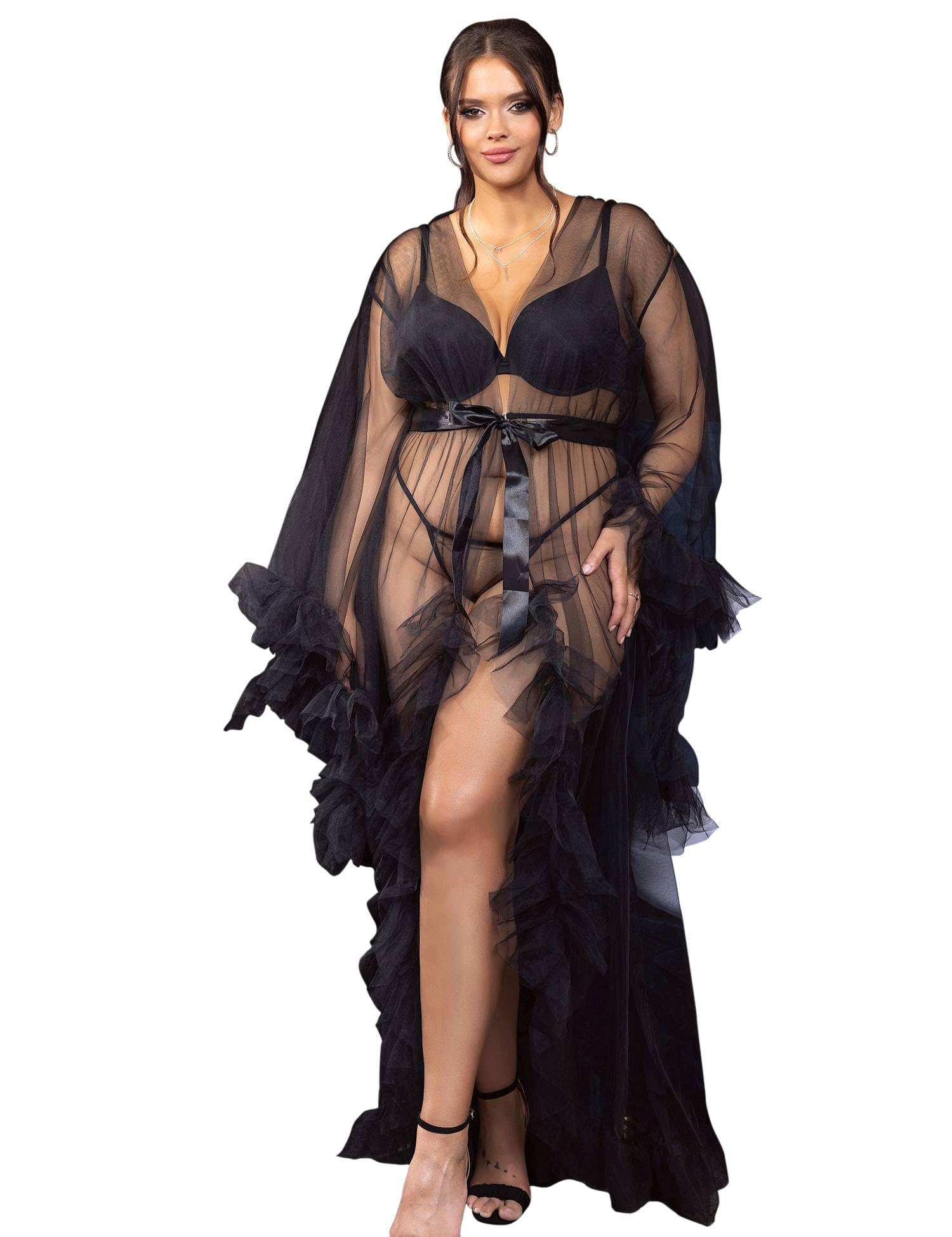 Photo 1 of ohyeah Tulle Robe Plus Size Lingerie Robe Lace Sheer Fancy Robe for Women Long Bridal Lingerie Wedding Scarf Nightgown Black Lace Robes