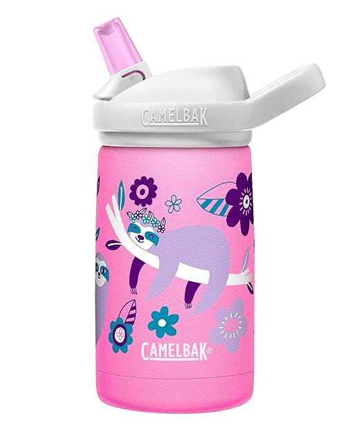 CamelBak Eddy+ Kids Bite Valve Straw Insulated Stainless Steel Water Bottle Flowerchild Sloth, 12oz