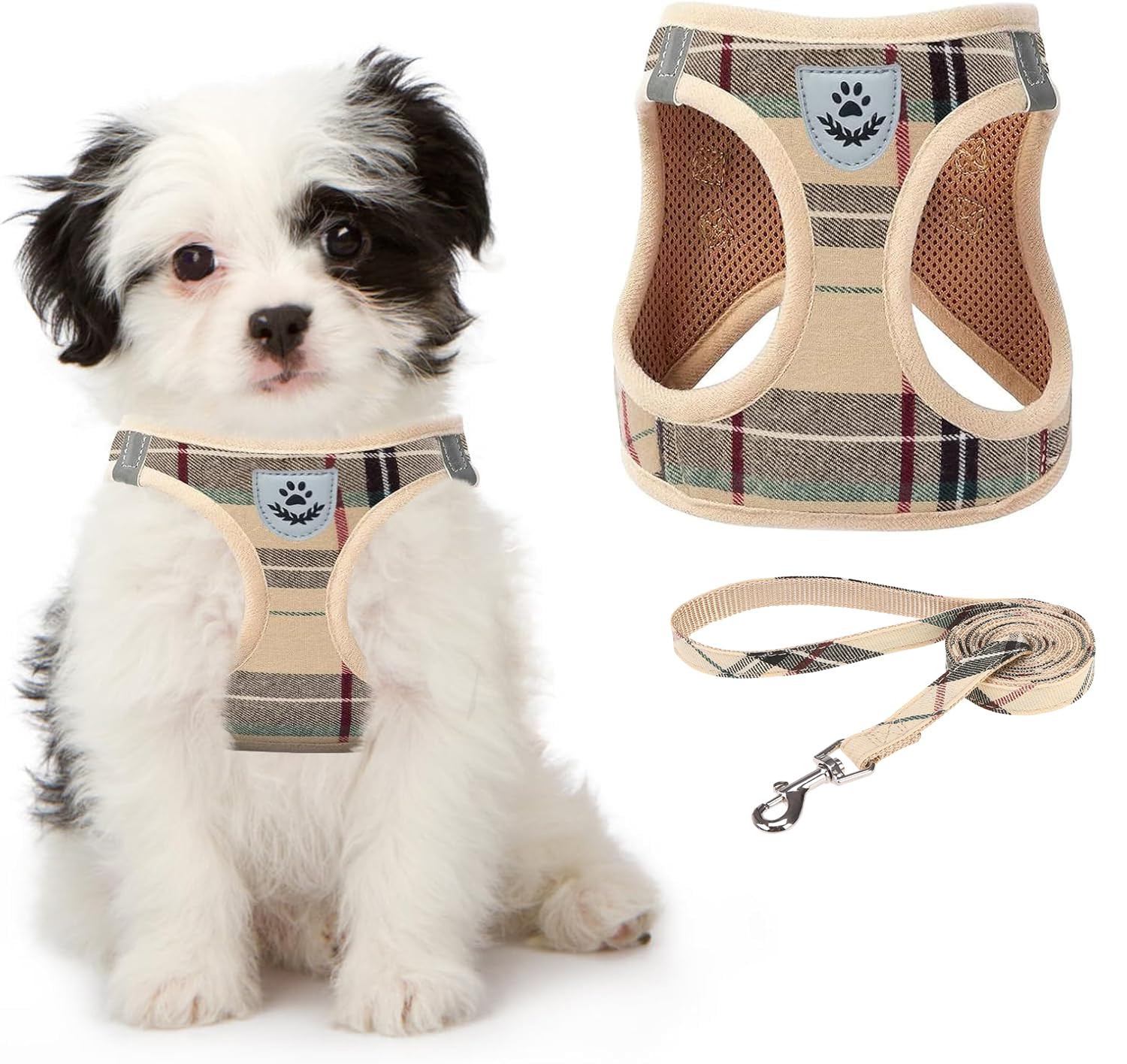 KOOLTAIL Small Dog Harness and Lead Set, Soft Mesh Plaid Puppy Harness with Safety Buckle, Adjustable & Comfortable Padded Reflective Vest for Puppies and Small Breeds Dogs Walking