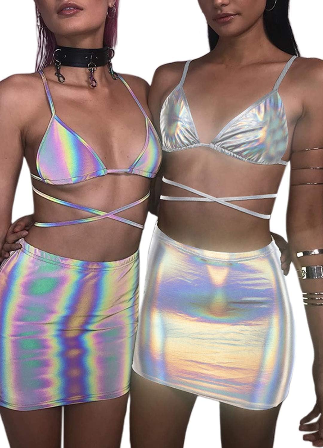 Giovacker Women's Reflective Crop Top Rave Dance Club Tank Vest for Teen Girls