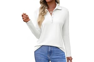 Tankaneo Womens Long Sleeve Polo Shirts Business Work Casual V Neck Collared Tops Button Down Loose Fit Tees Shirts