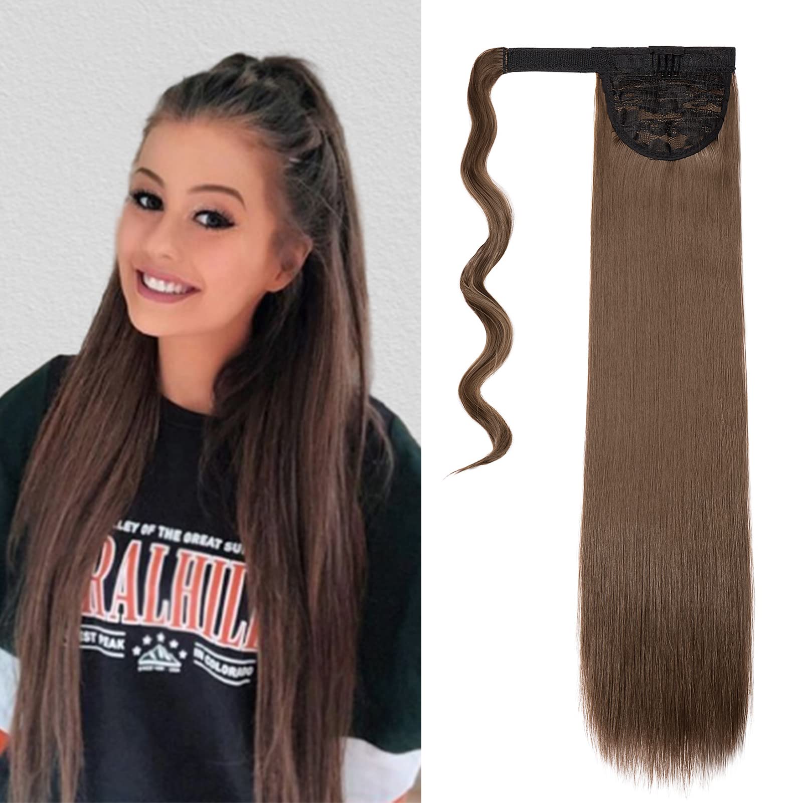 Cybelleza Ponytail Hair Extension Straight Wrap Around Pony Tail Clip in Hair Extensions Hairpiece Synthetic Long for Women (Chestnut Brown)