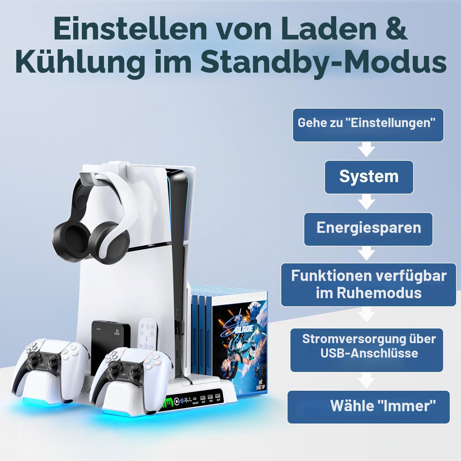 OIVO PS5/PS5 Slim/PS5 Pro Ständer mit 3 stufig Lüfter und Licht, PS5 Standfuß mit 4 USB Ports/Controller Ladestation/Headset Halter/Remote Steckplatz/14 Spiele Aufbewahrung für PS5 Zubehör 6