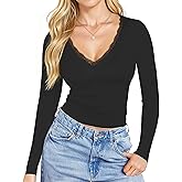 YOGINGO Women Deep V Neck Long Sleeve Lace Top - Elegant Stretch Bodycon Shirt Office to Evening Wear
