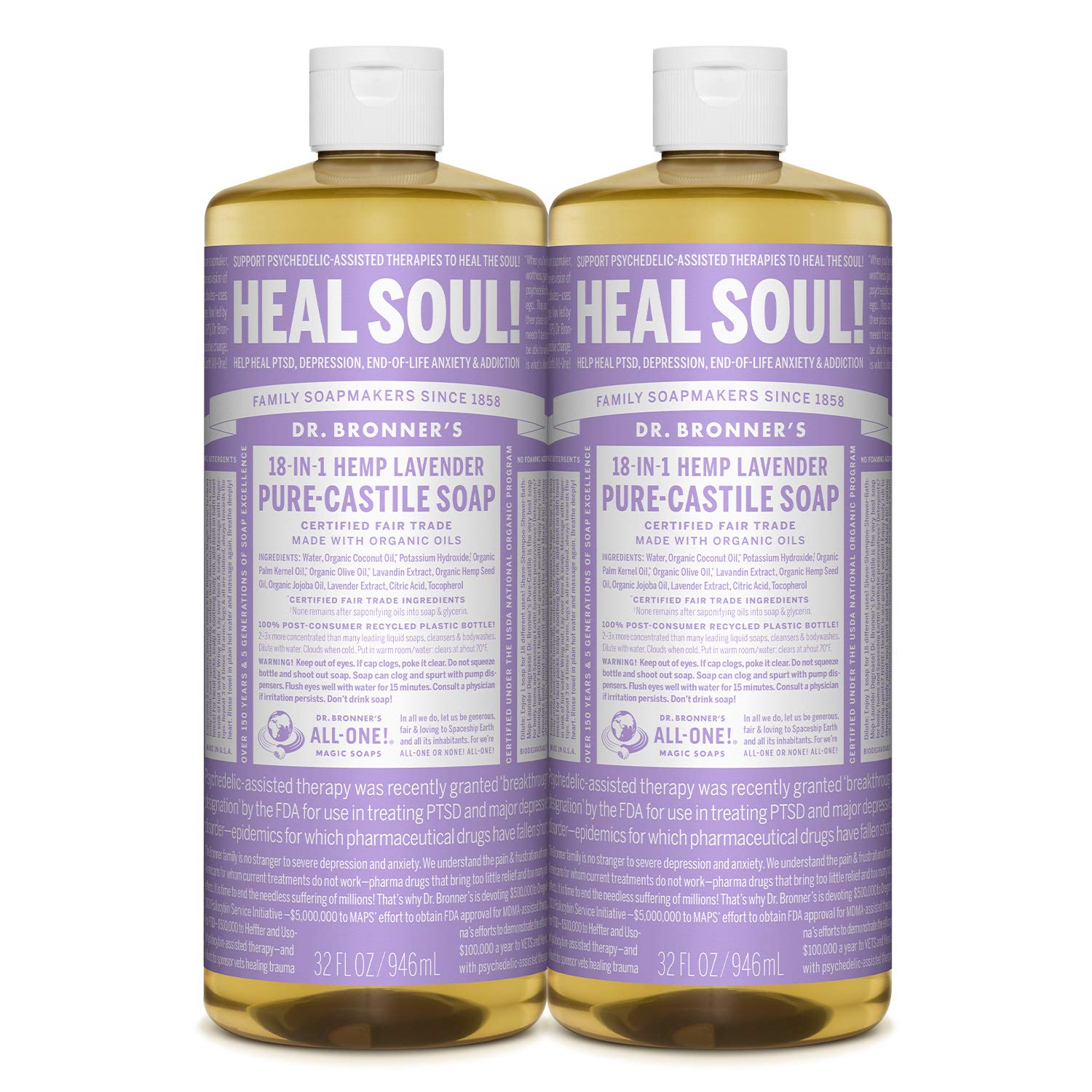 Dr. Bronner’s - Pure-Castile Liquid Soap (Lavender, 32 ounce, 2-Pack) - Made with Organic Oils, 18-in-1 Uses: Face, Body, Hair, Laundry, Pets and Dishes, Concentrated, Vegan, Non-GMO : Bath Soaps : Beauty