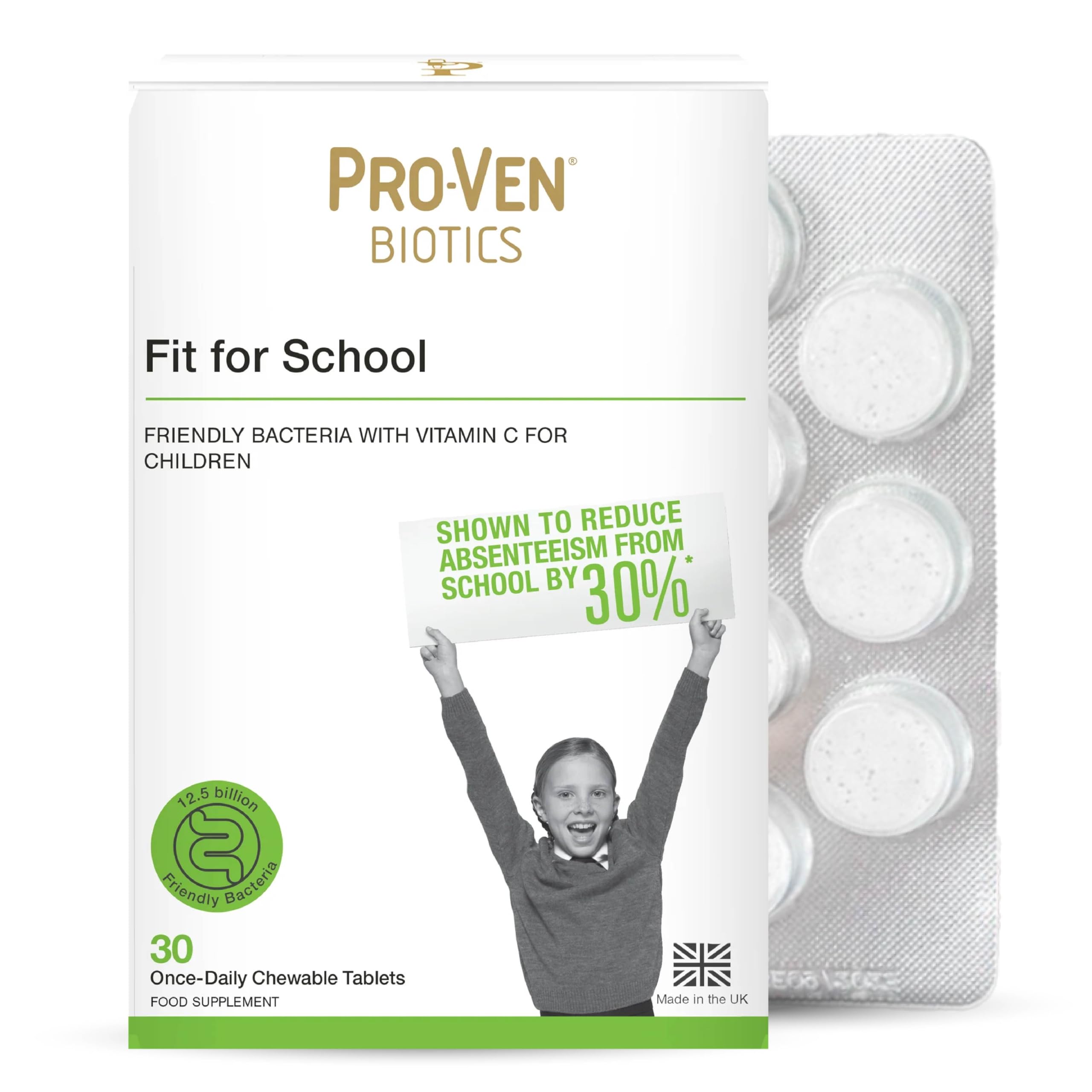 Pro-Ven Probiotics for Children (4-16) Fit for School Gut Health and Immune Support 12.5 Billion CFU Live Bacteria & Vitamin C Supplement 30 Strawberry Chewable Tablets