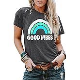 YEXIPO Womens Graphic Tees Short Sleeve Summer Tops Funny Letter Print Crew Neck Casual Loose Cute T Shirts