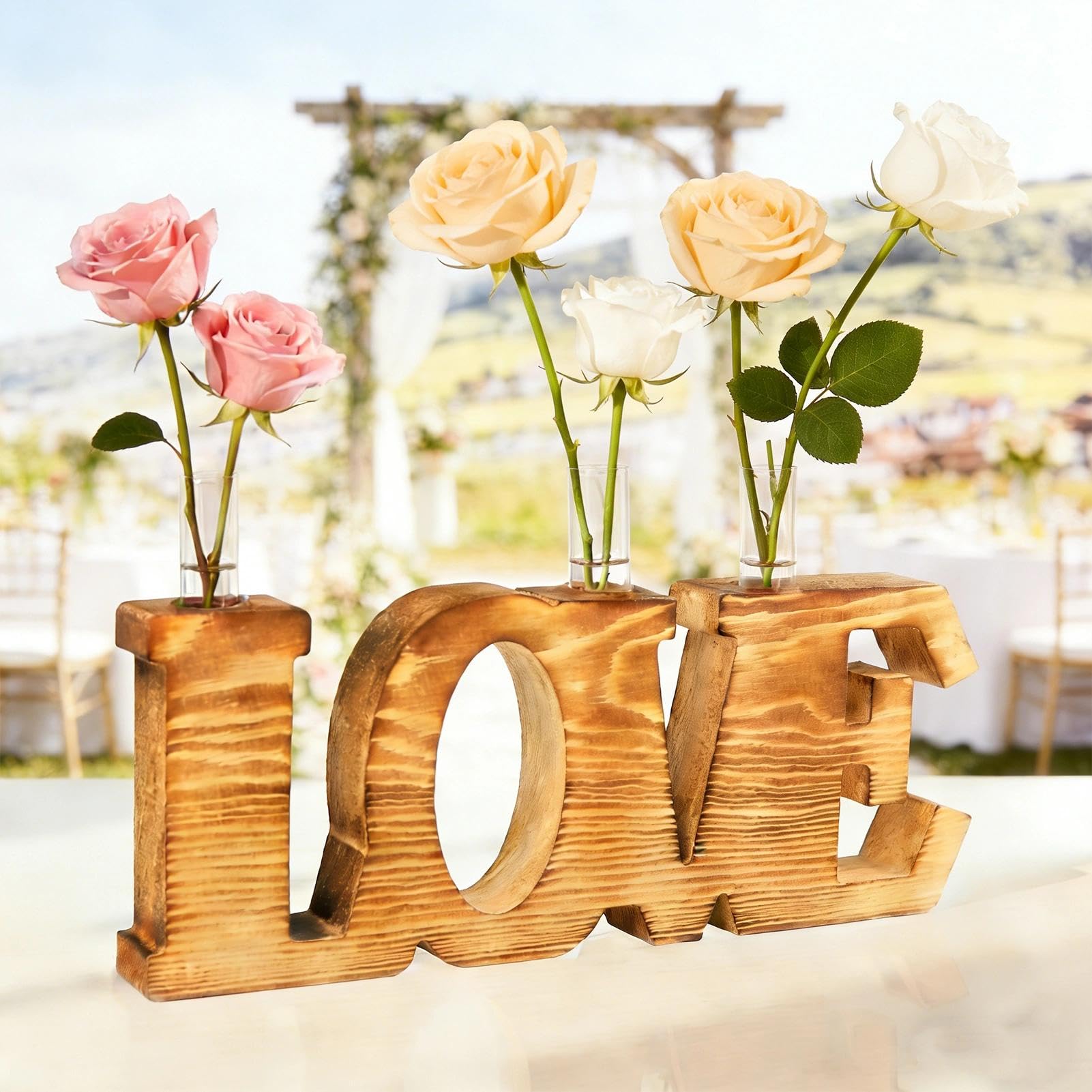 Wooden Love Letter Sign Wedding, Anniversary Party & Home Decor, Plant Propagation Stations with Glass Test Tubes, Wall Hanging &Tabletop Flower Vase for Birthday Proposal Romantic Rustic Decoration