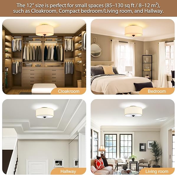 LODSTOB 2-LIGHT FLUSH MOUNT CEILING LIGHT FIXTURE, 12” MODERN CLOSE TO CEILING LIGHT WITH BEIGE FABRIC DRUM SHADE, ROUND PENDANT LIGHT FOR BEDROOM HALLWAY BATHROOM DINING KITCHEN, BULBS NOT INCLUDED