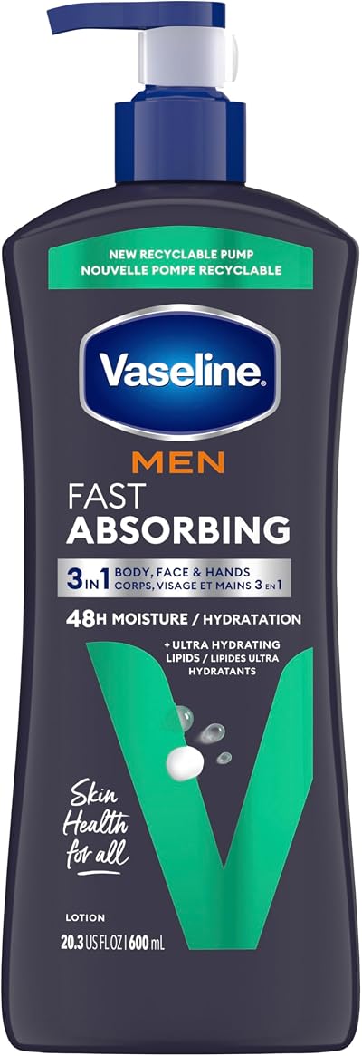 Vaseline Men Fast Absorbing Lotion Body Face 48HR Moisture 24.5 Oz