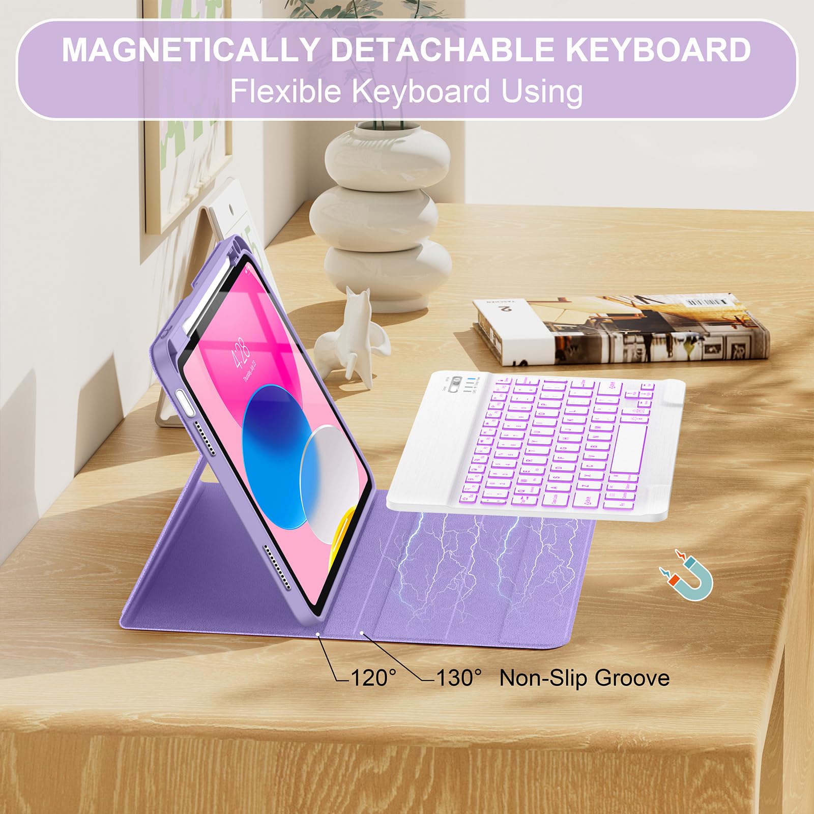 Soke for iPad (A16) 11th/10th Generation Case with Keyboard(2025/2022)-7 Color Backlight Wireless Detachable Folio Keyboard Cover with Built-in Pencil Holder for iPad 11/10.9 inch, Violet Marble