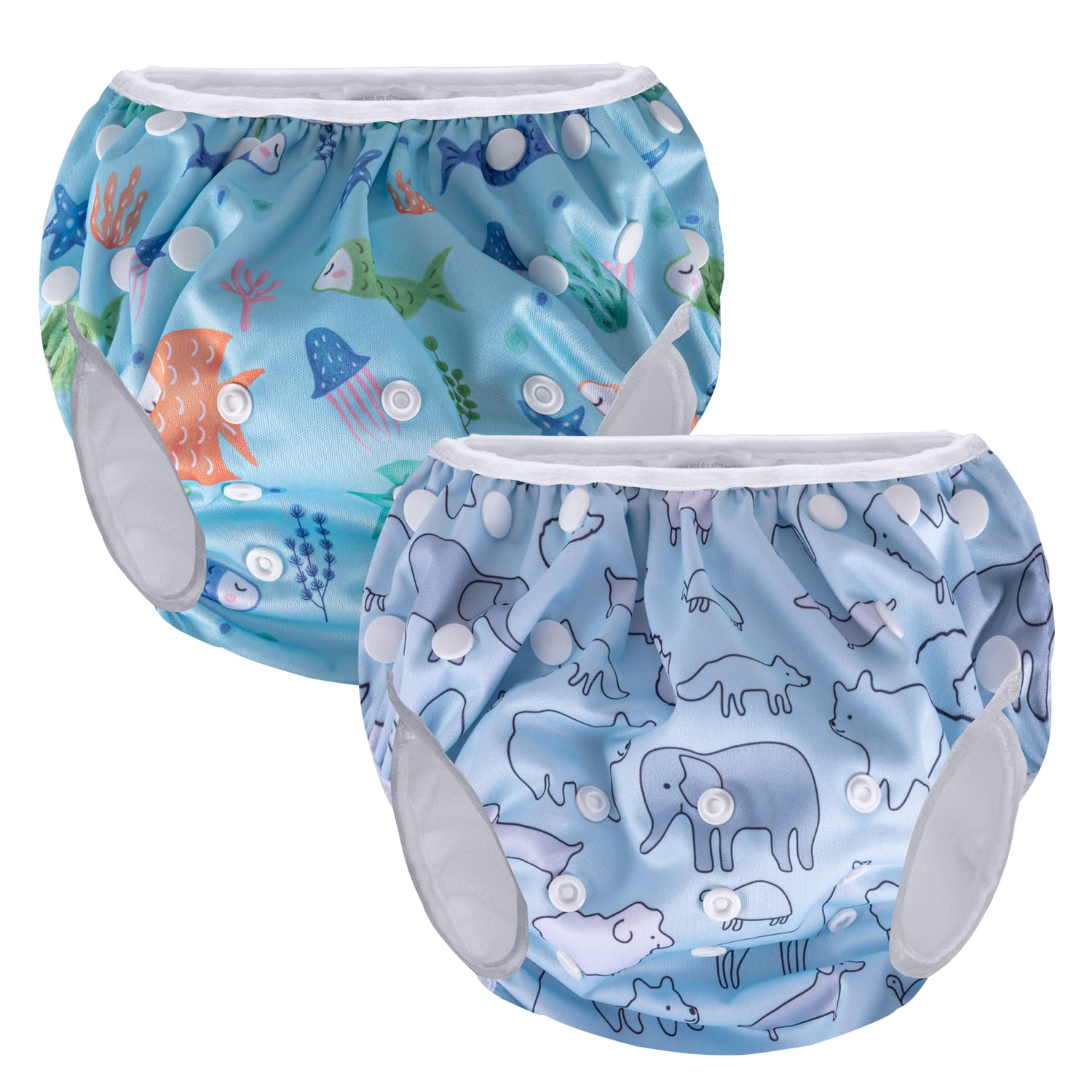 Teamoy Reusable Swim Nappies(Pack of 2), Adjustable Swimsuit Diapers Washable Nappy Covers for Baby Boys & Girls, Underwater World + Animal World