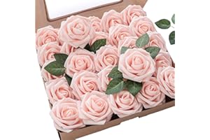 Floroom Artificial Flowers 25pcs Real Looking Blush Foam Fake Roses with Stems for DIY Wedding Bouquets Bridal Shower Centerpieces Party Decorations